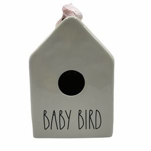 Rae Dunn Baby Bird Ceramic Birdhouse Pink Checkered Ribbon